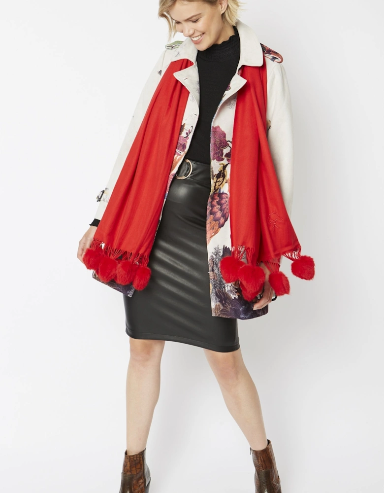 Red Cashmere Blend Wrap with Faux Fur Heart Poms