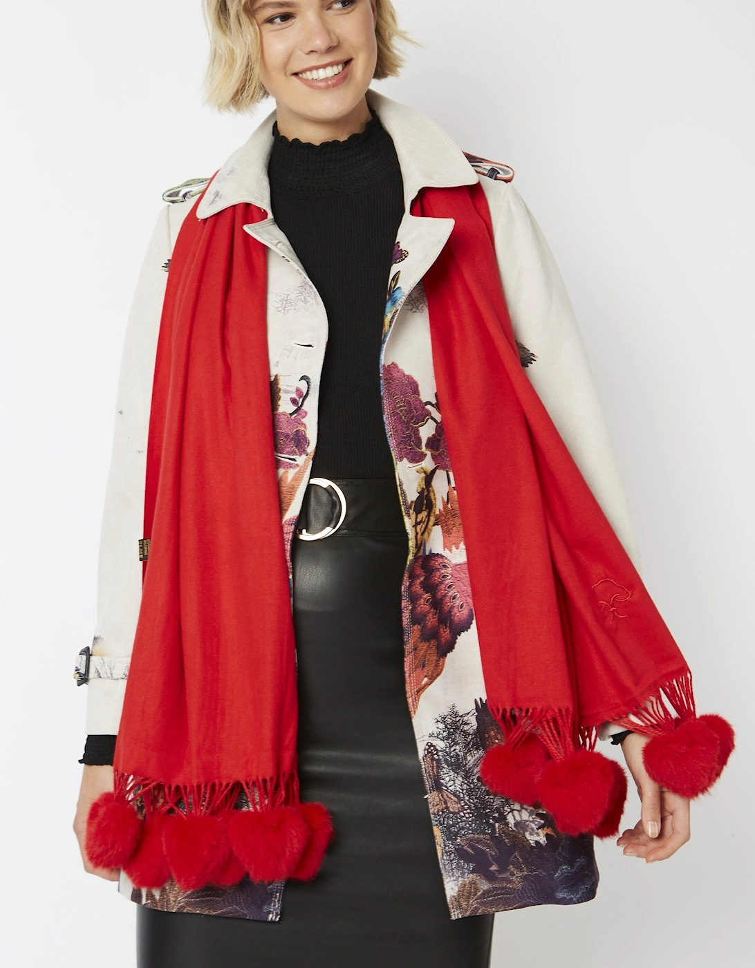 Red Cashmere Blend Wrap with Faux Fur Heart Poms