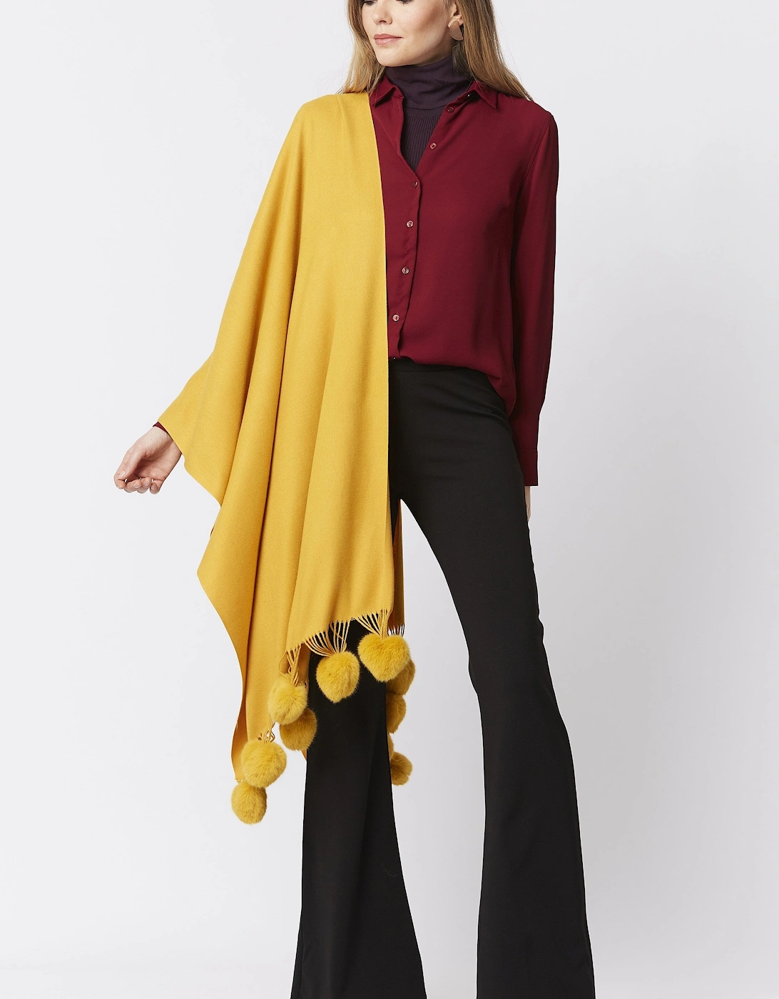 Yellow Cashmere Blend Wrap with Faux Fur Heart Poms