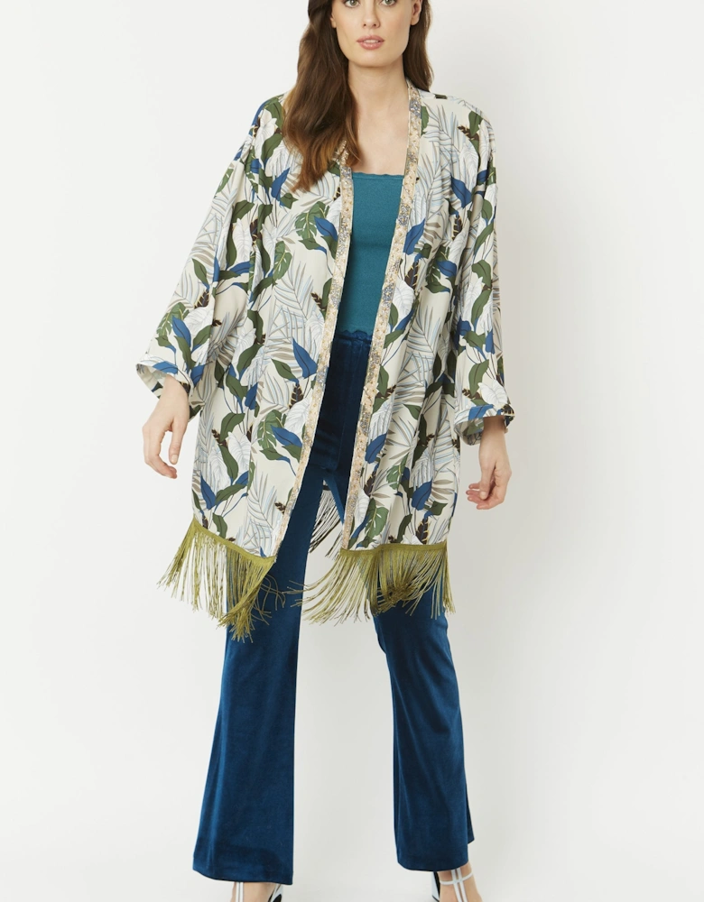 Green Silk Blend Kimono With Beaded Collar & Tassel Fringe