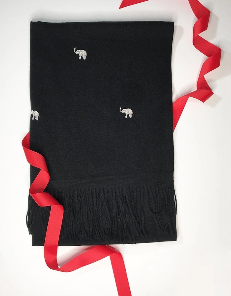 Black Cashmere Blend Wrap with Elephant Embroidery