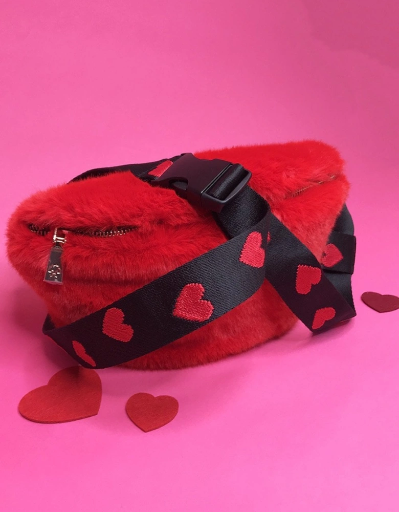 Red Faux Fur Bum Bag with Love Heart Strap