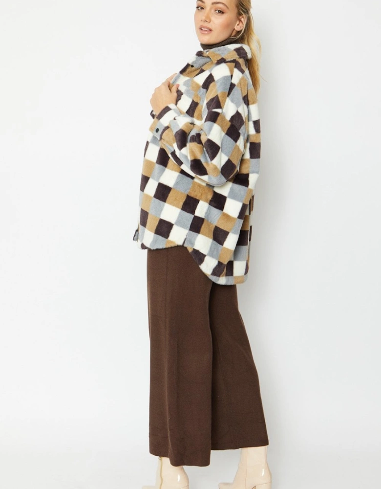 Checkered Faux Fur Oversize Coat