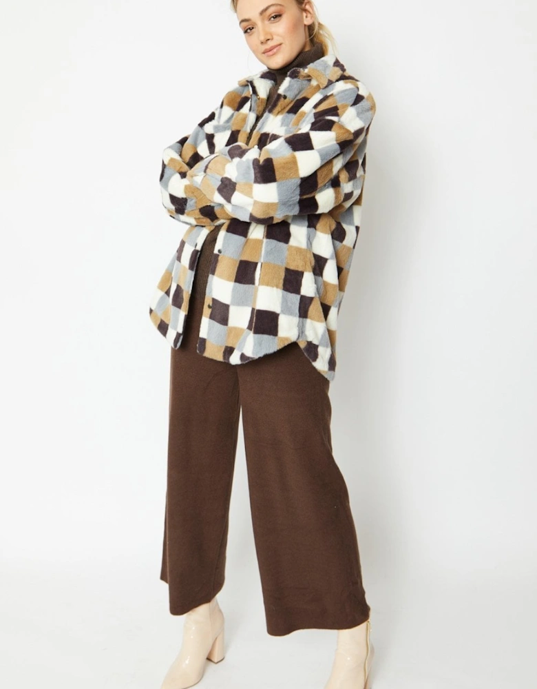 Checkered Faux Fur Oversize Coat