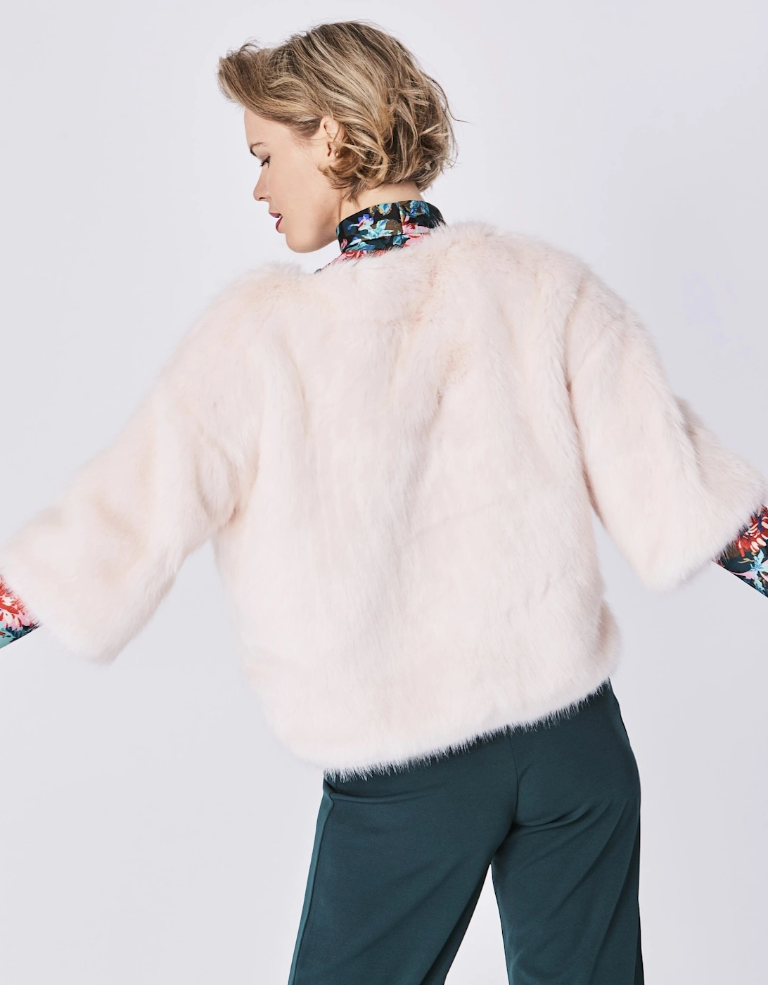 Pink Faux Fur Cropped Sleeve Jumper