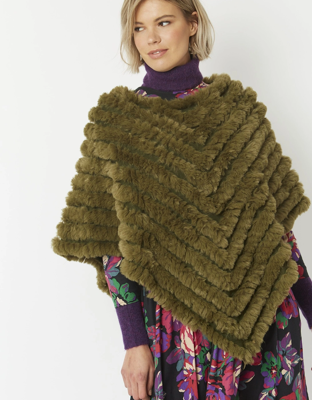 Khaki Cashmere Blend Faux Fur Poncho, 10 of 9