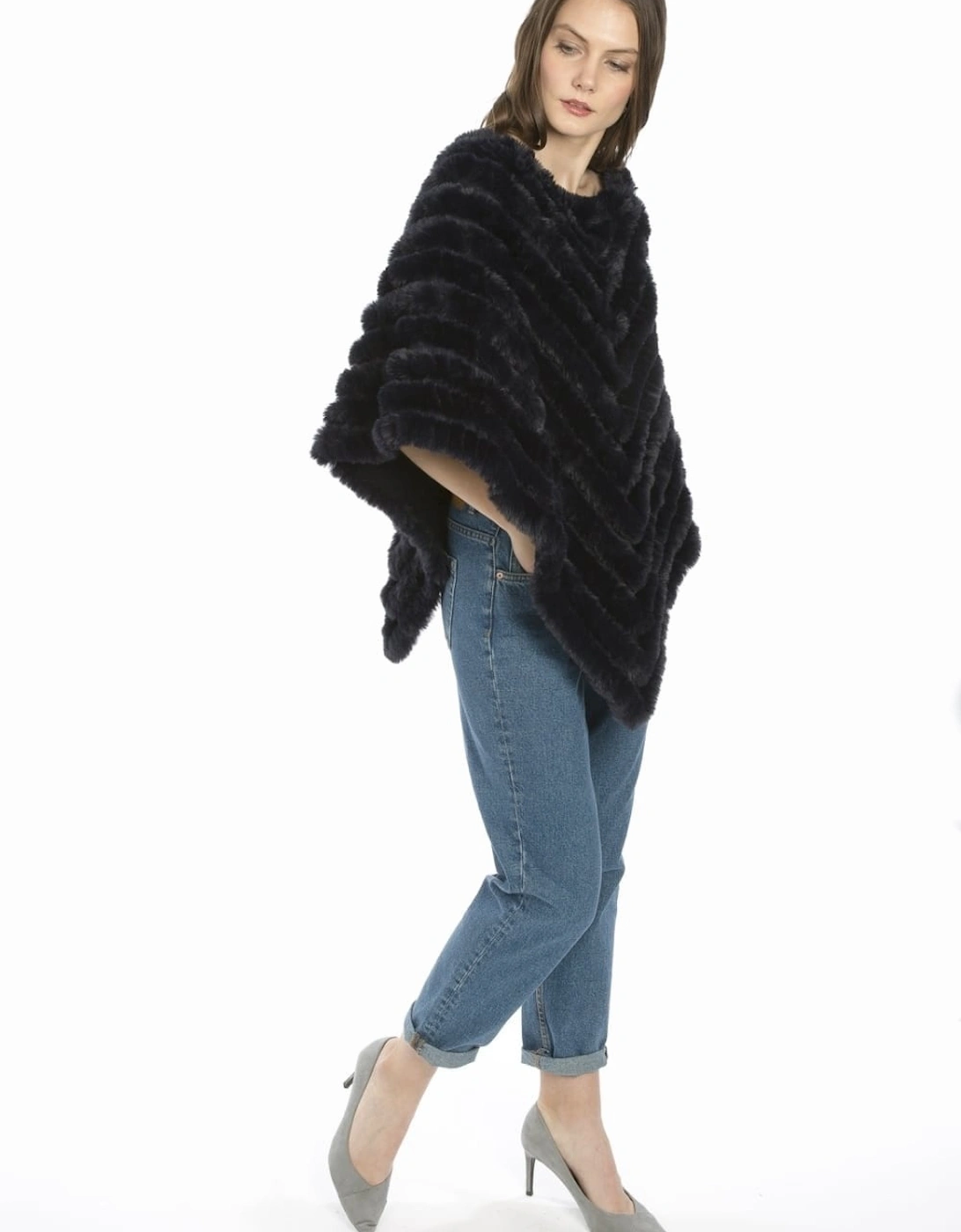 Blue Cashmere Blend Faux Fur Poncho