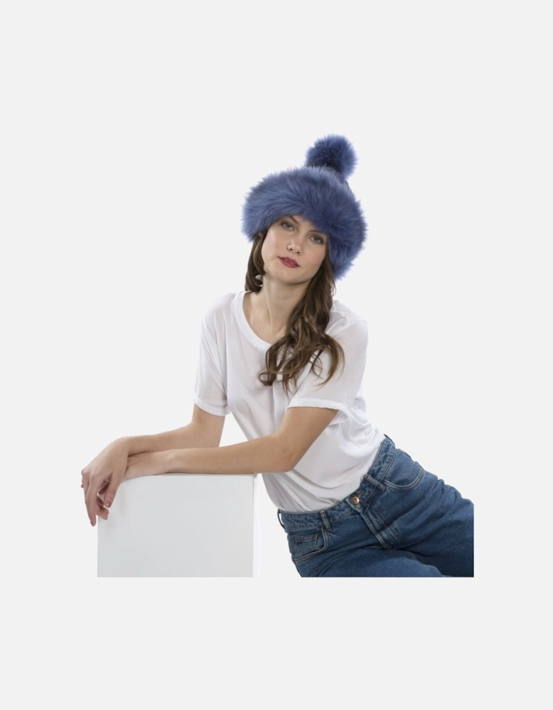 Blue Faux Fur Pom Pom Hand Knit Hat
