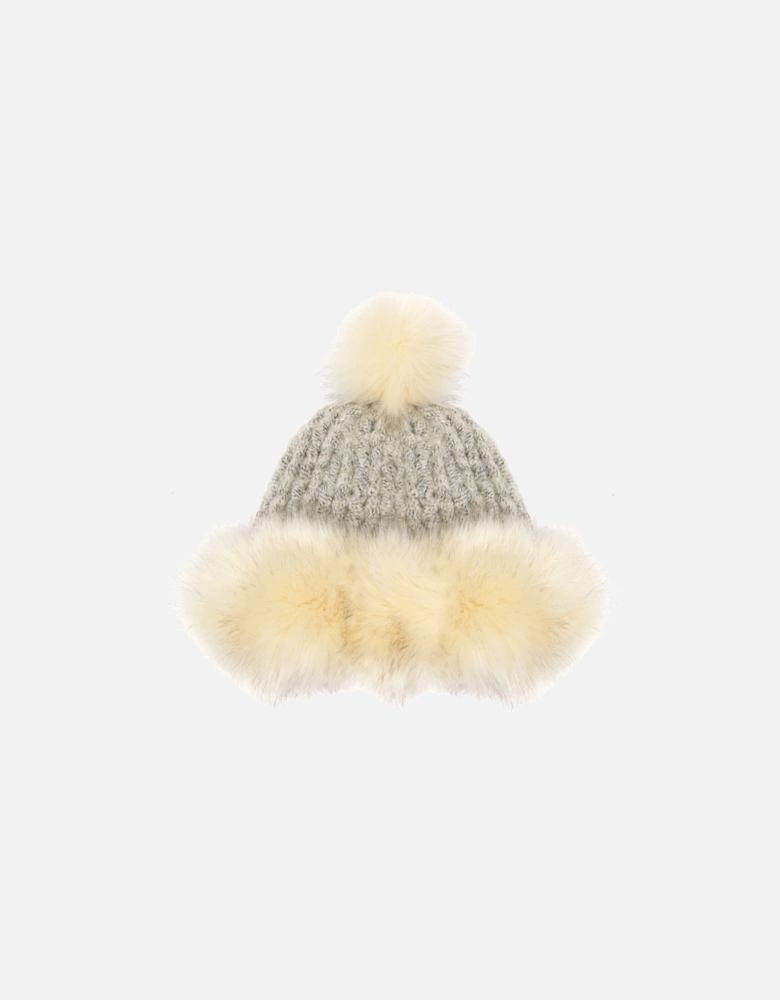 Cream Faux Fur Pom Pom Hand Knit Hat