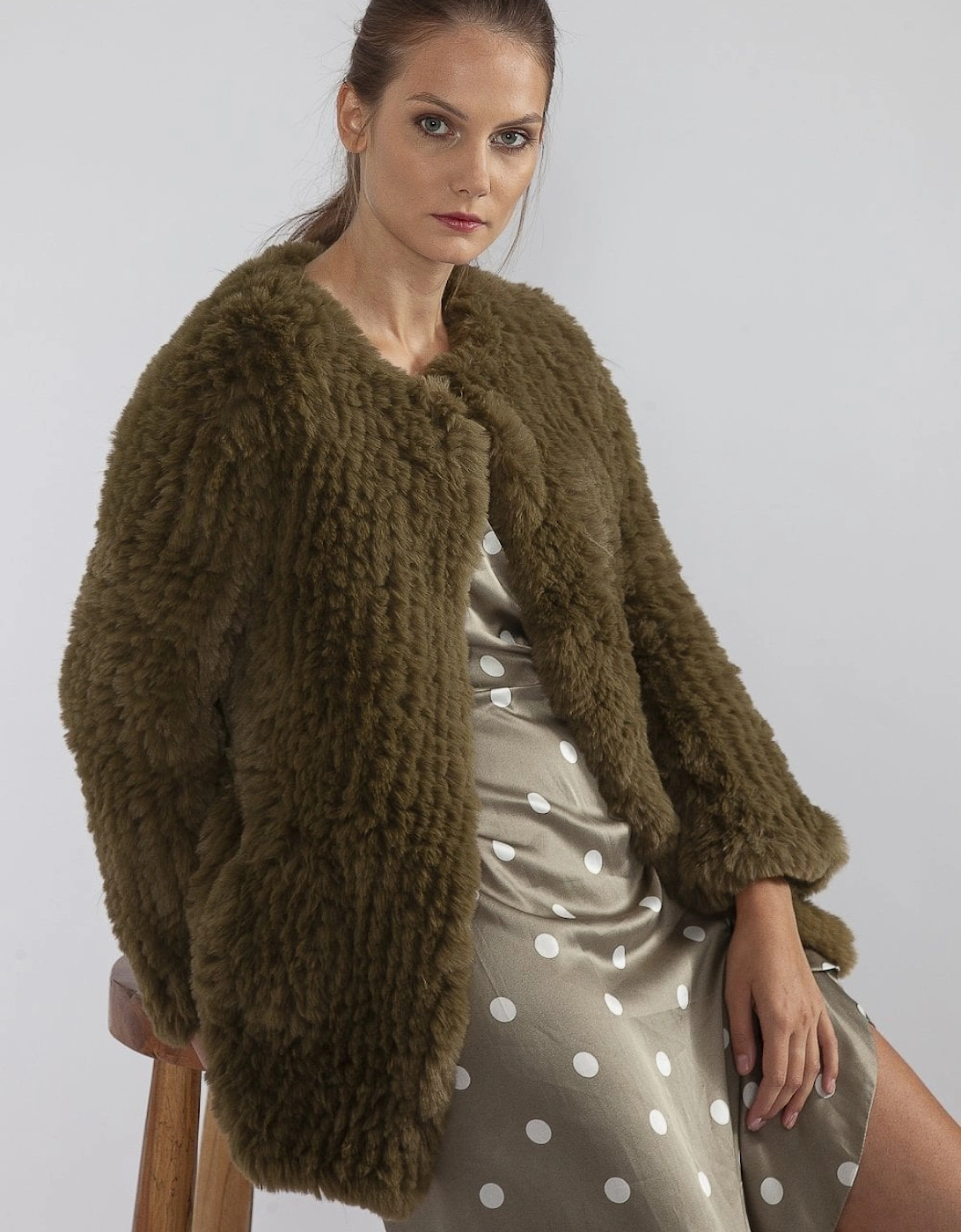 Green Hand Knitted Faux Fur Coat