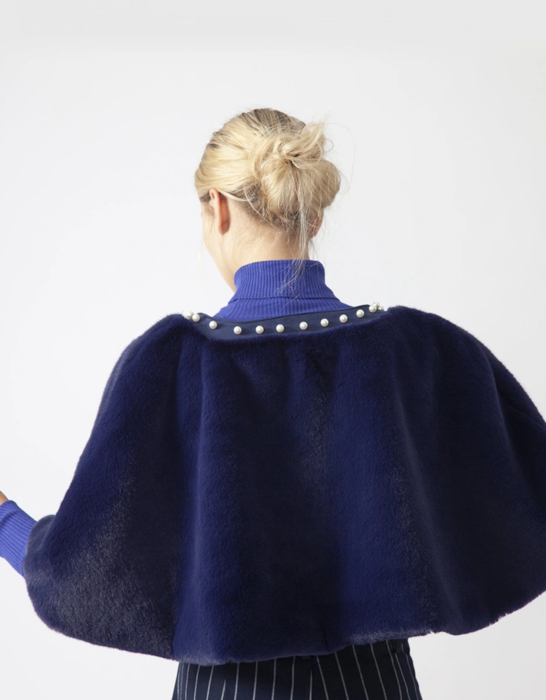 Blue Faux Fur Cape With Pearl Detail