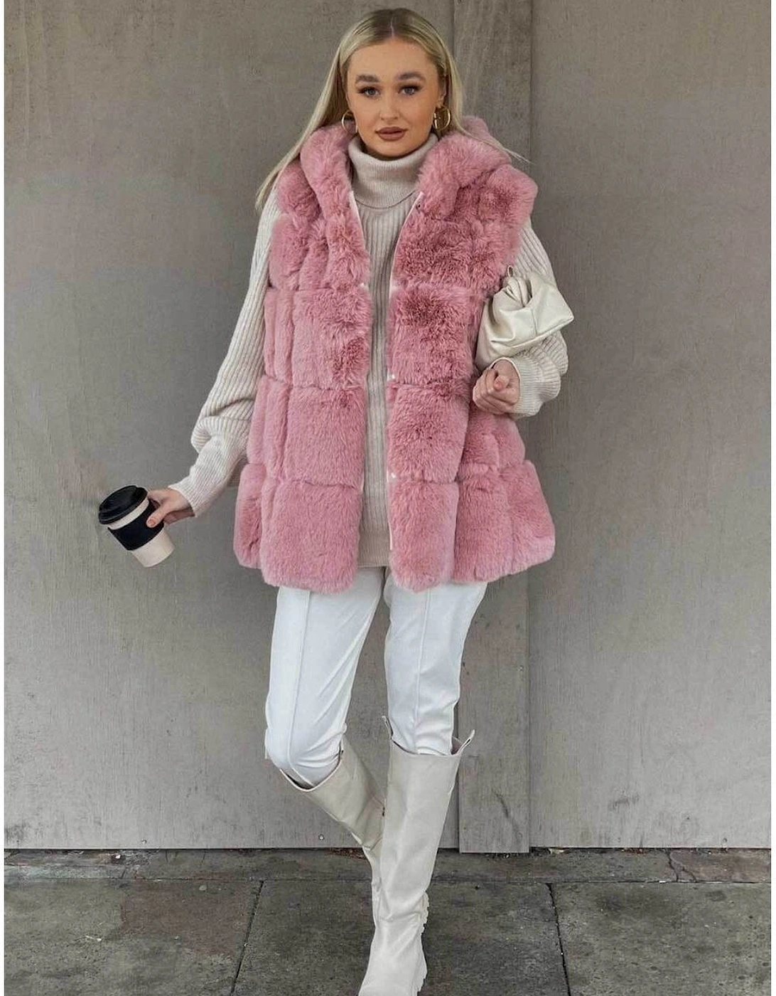 Pink Faux Fur Long Hooded Gilet