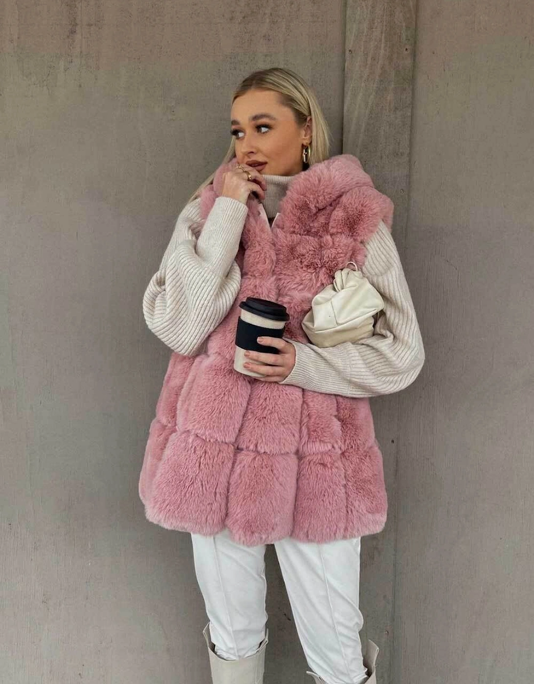 Pink Faux Fur Long Hooded Gilet