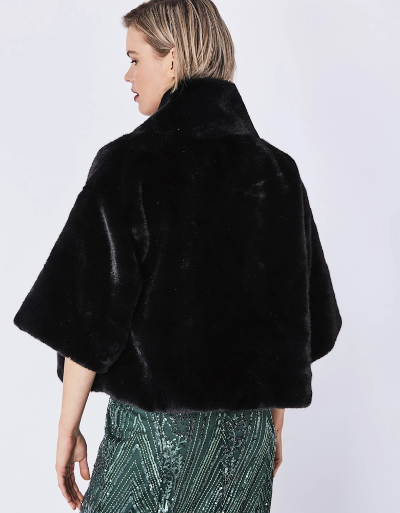 Black Faux Fur Jacket With Pearls