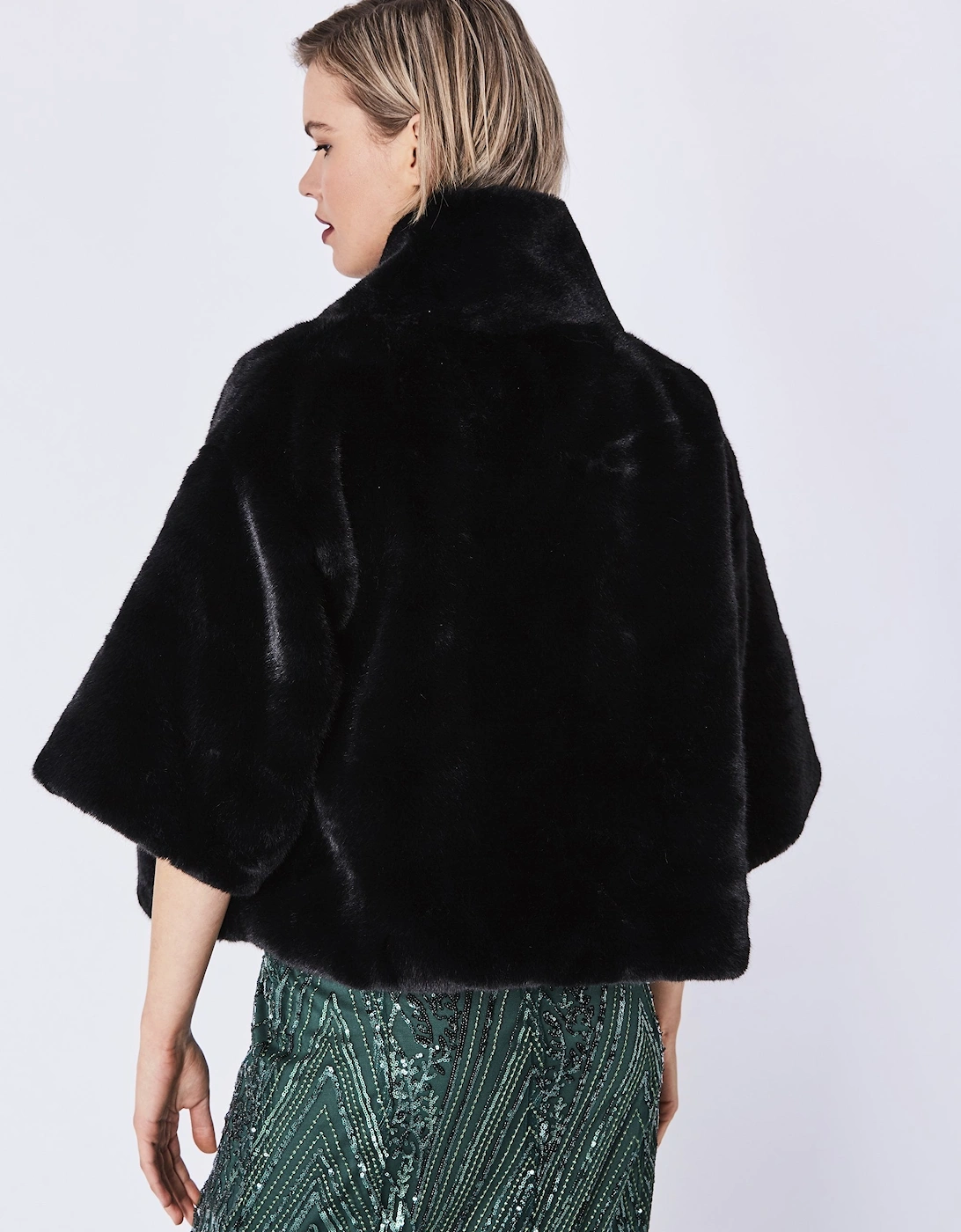 Black Faux Fur Jacket With Pearls