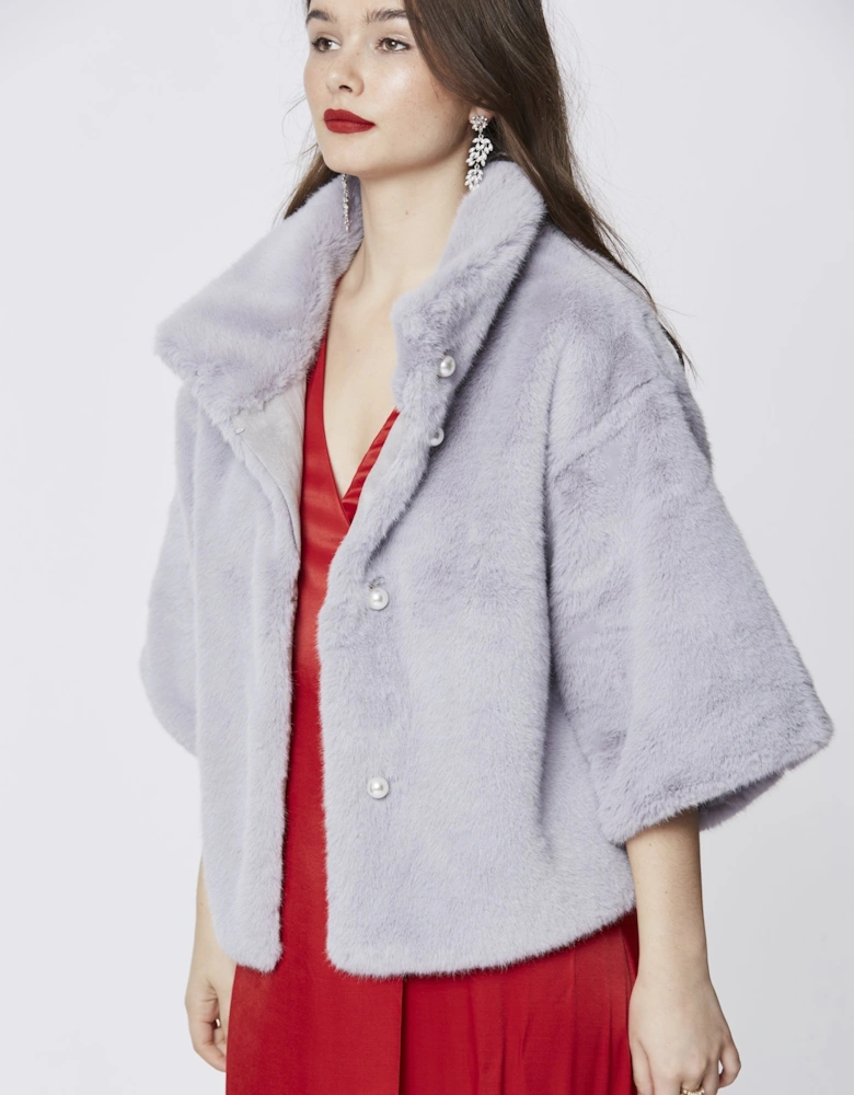 Grey Faux Fur Jacket With Pearls