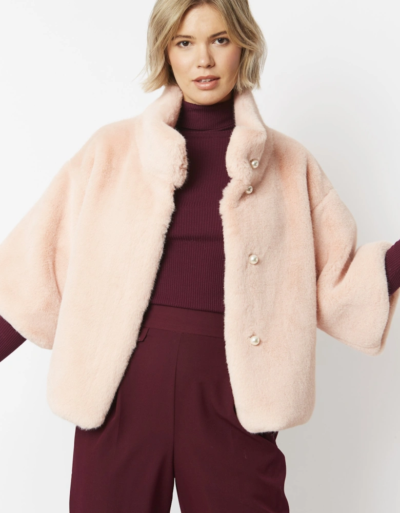 Pink Faux Fur Jacket With Pearls