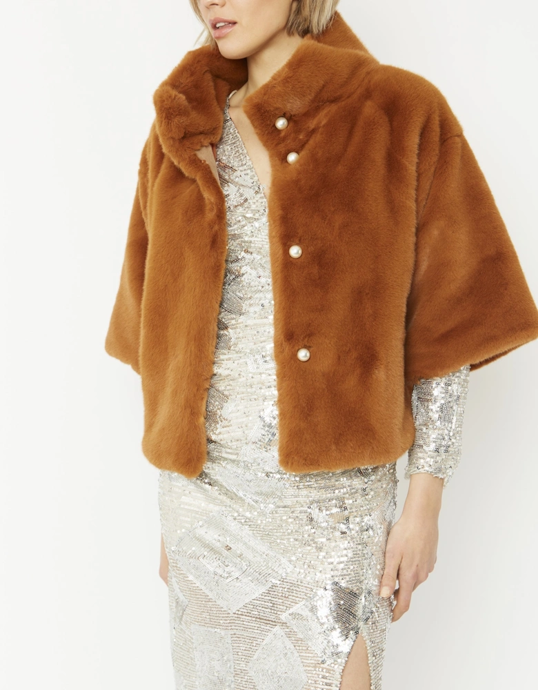 Chocolate Faux Fur Jacket With Pearls
