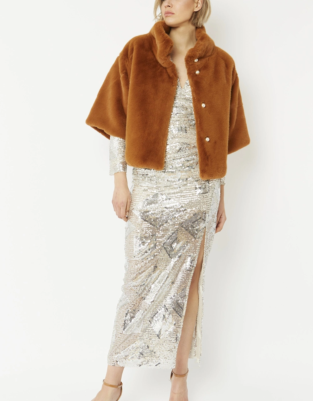 Chocolate Faux Fur Jacket With Pearls