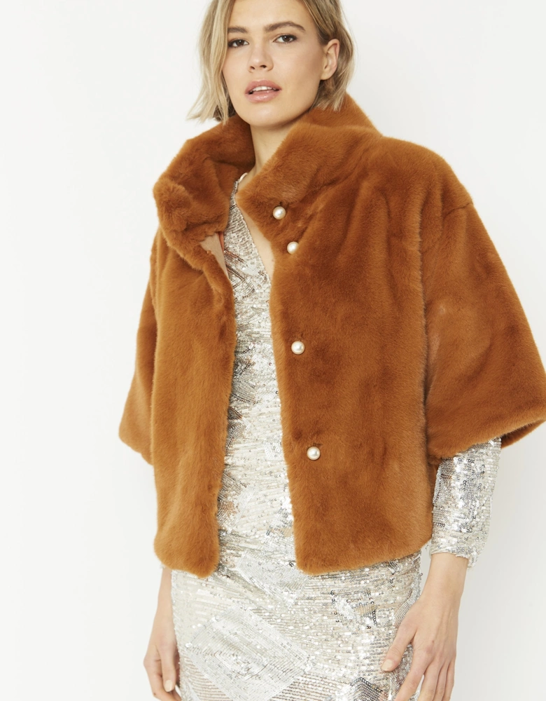 Chocolate Faux Fur Jacket With Pearls