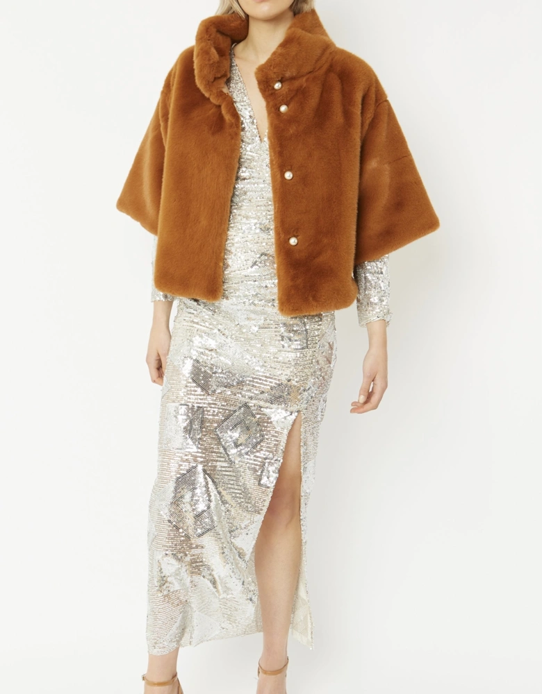 Chocolate Faux Fur Jacket With Pearls