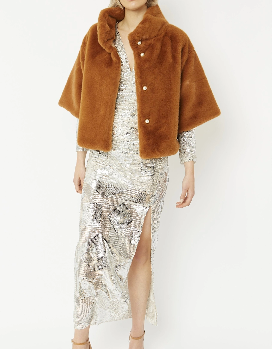 Chocolate Faux Fur Jacket With Pearls