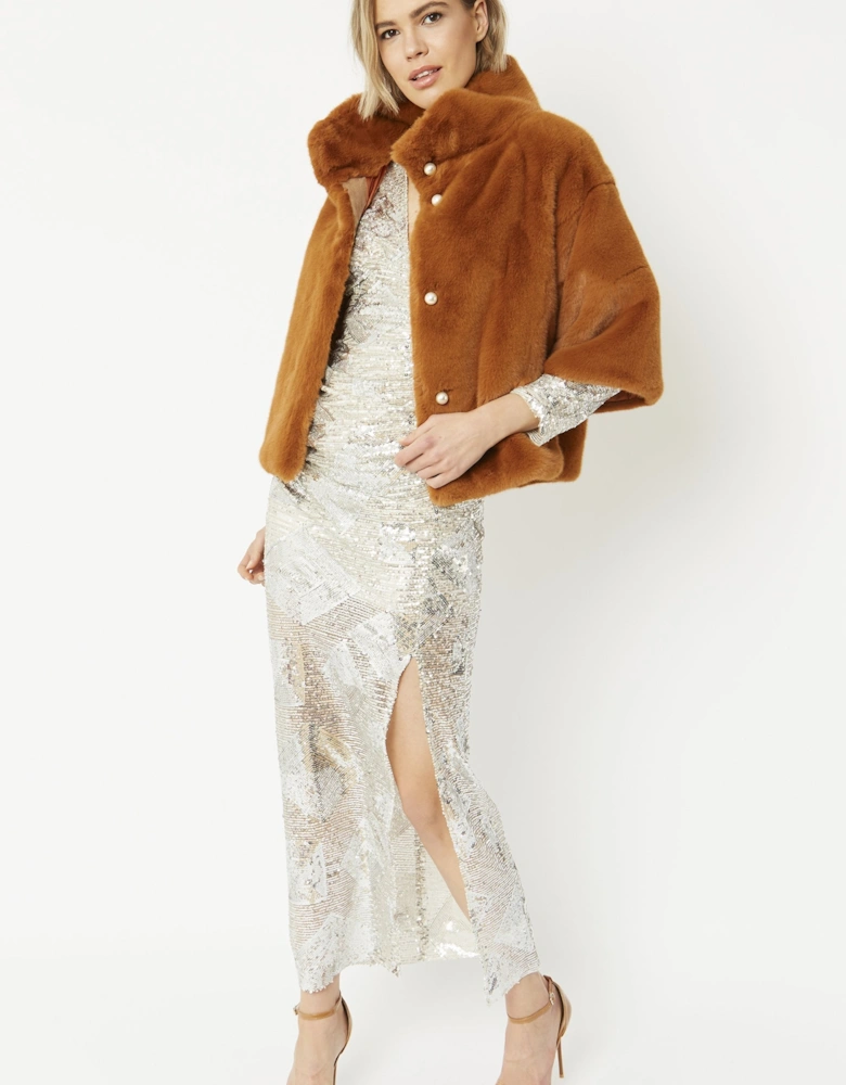 Chocolate Faux Fur Jacket With Pearls