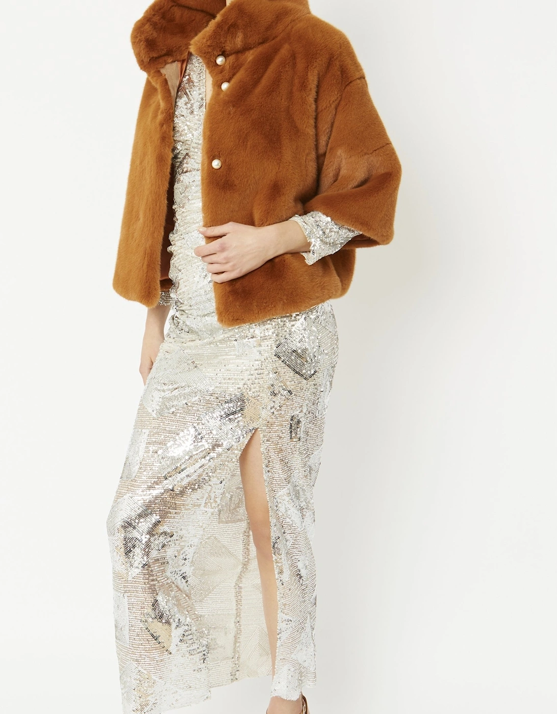 Chocolate Faux Fur Jacket With Pearls