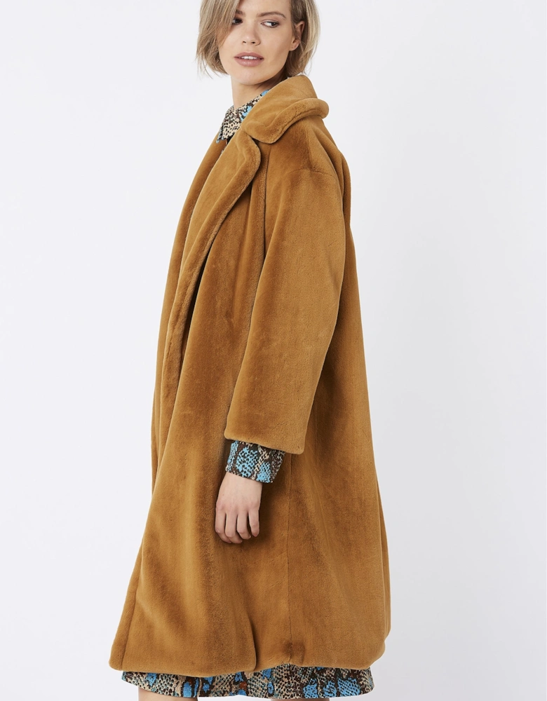 Mocha Faux Fur Midi Shaved Shearling Coat