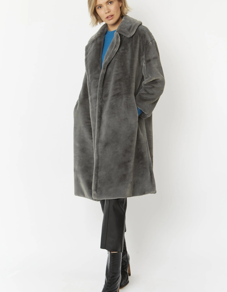 Grey Faux Fur Midi Shaved Shearling Coat