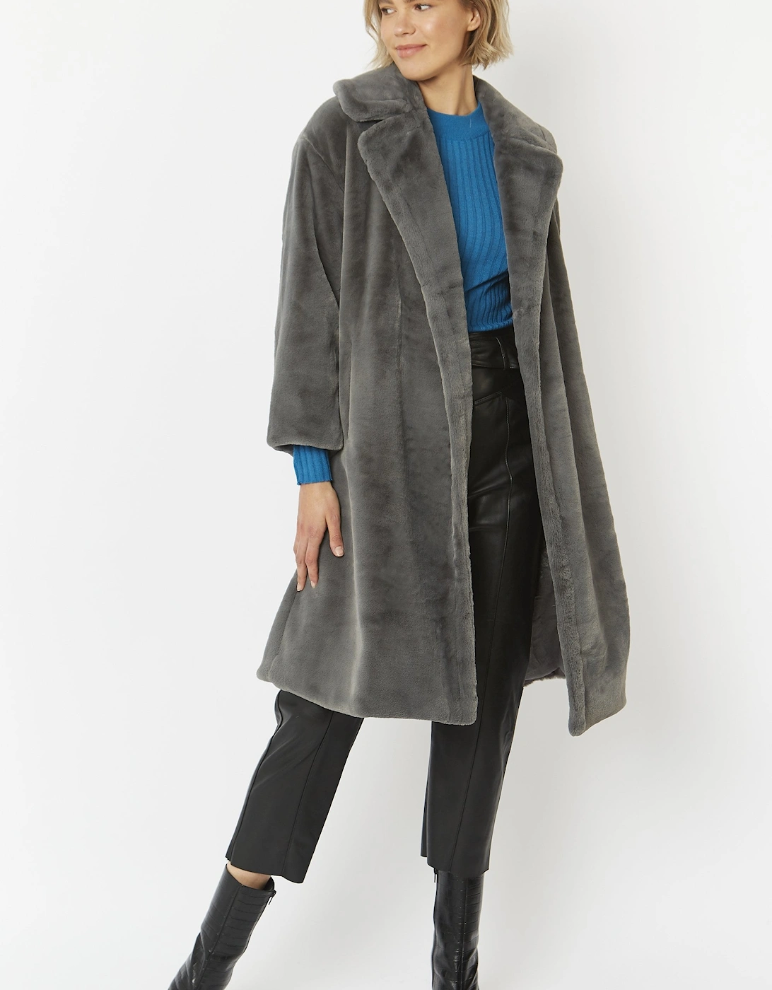 Grey Faux Fur Midi Shaved Shearling Coat