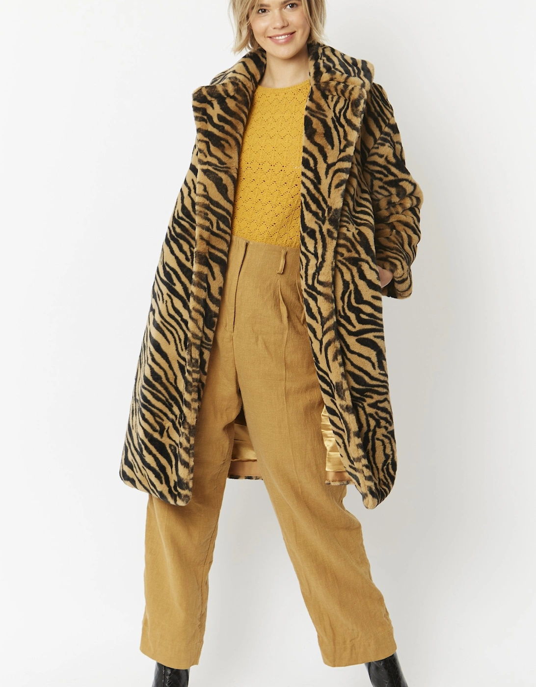 Animal Print Faux Fur Midi Shaved Shearling Coat