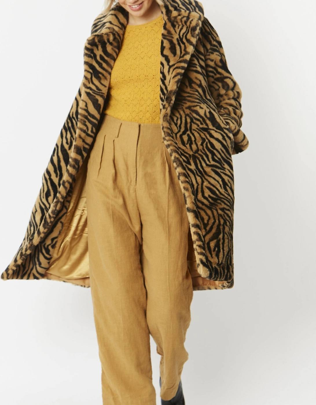 Animal Print Faux Fur Midi Shaved Shearling Coat