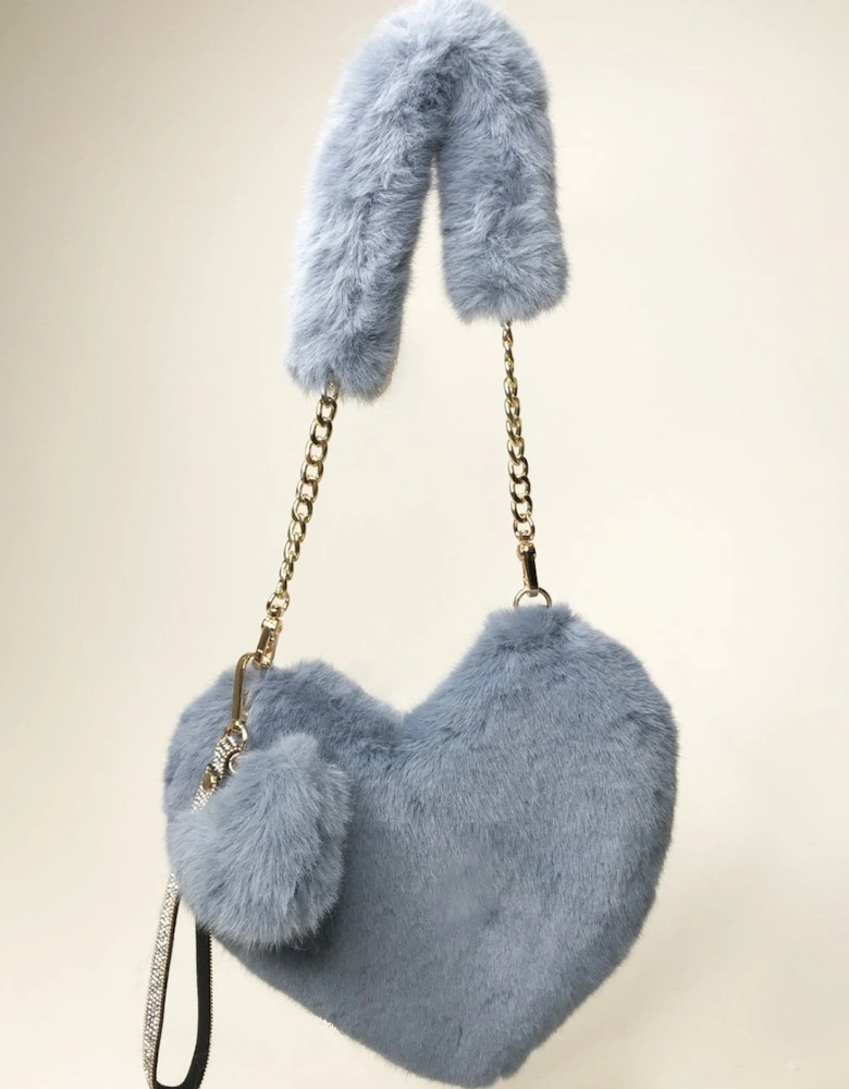 Blue Faux Fur Love Heart Bag