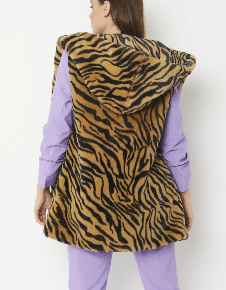 Tiger Print Faux Fur Hooded Gilet