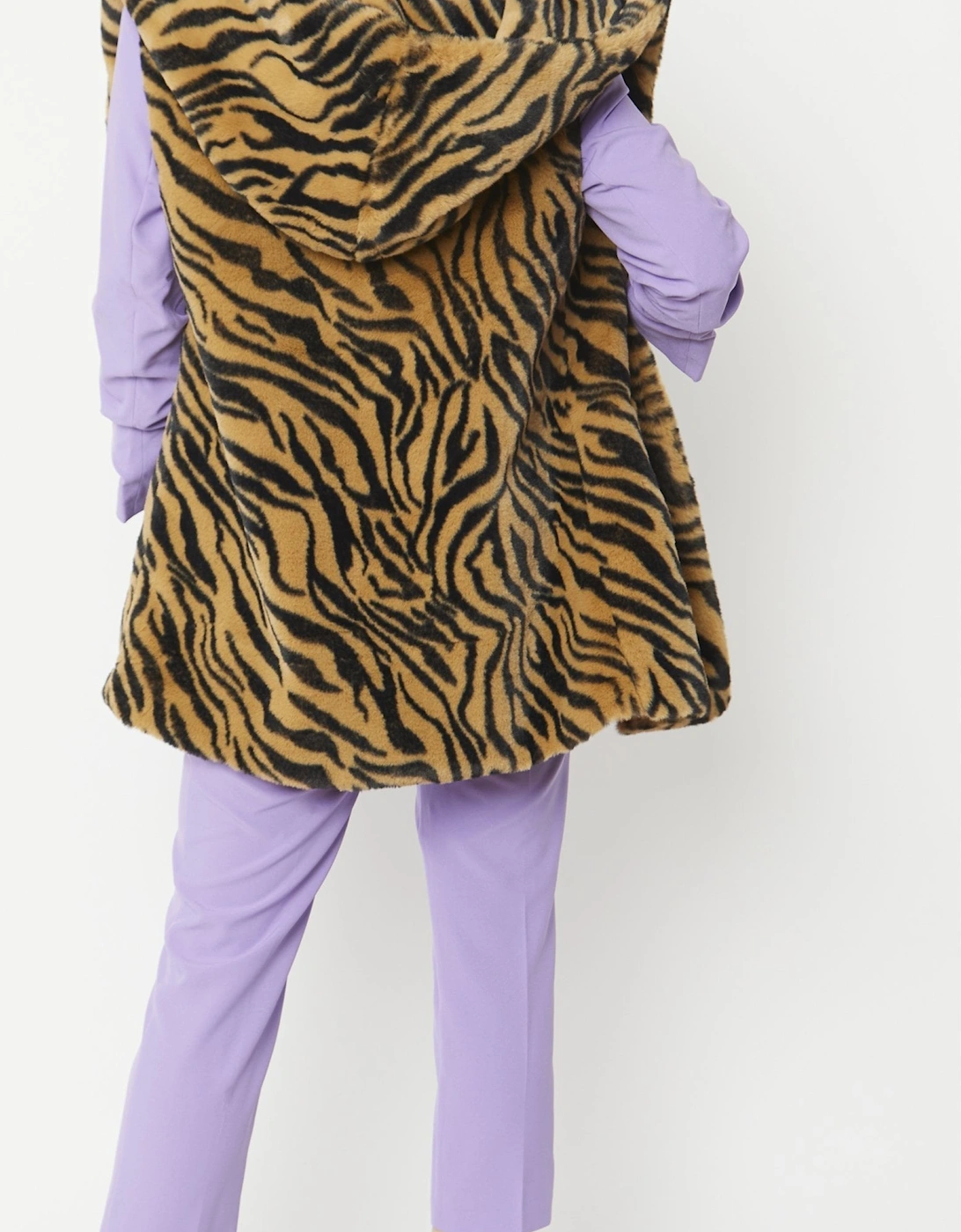 Tiger Print Faux Fur Hooded Gilet