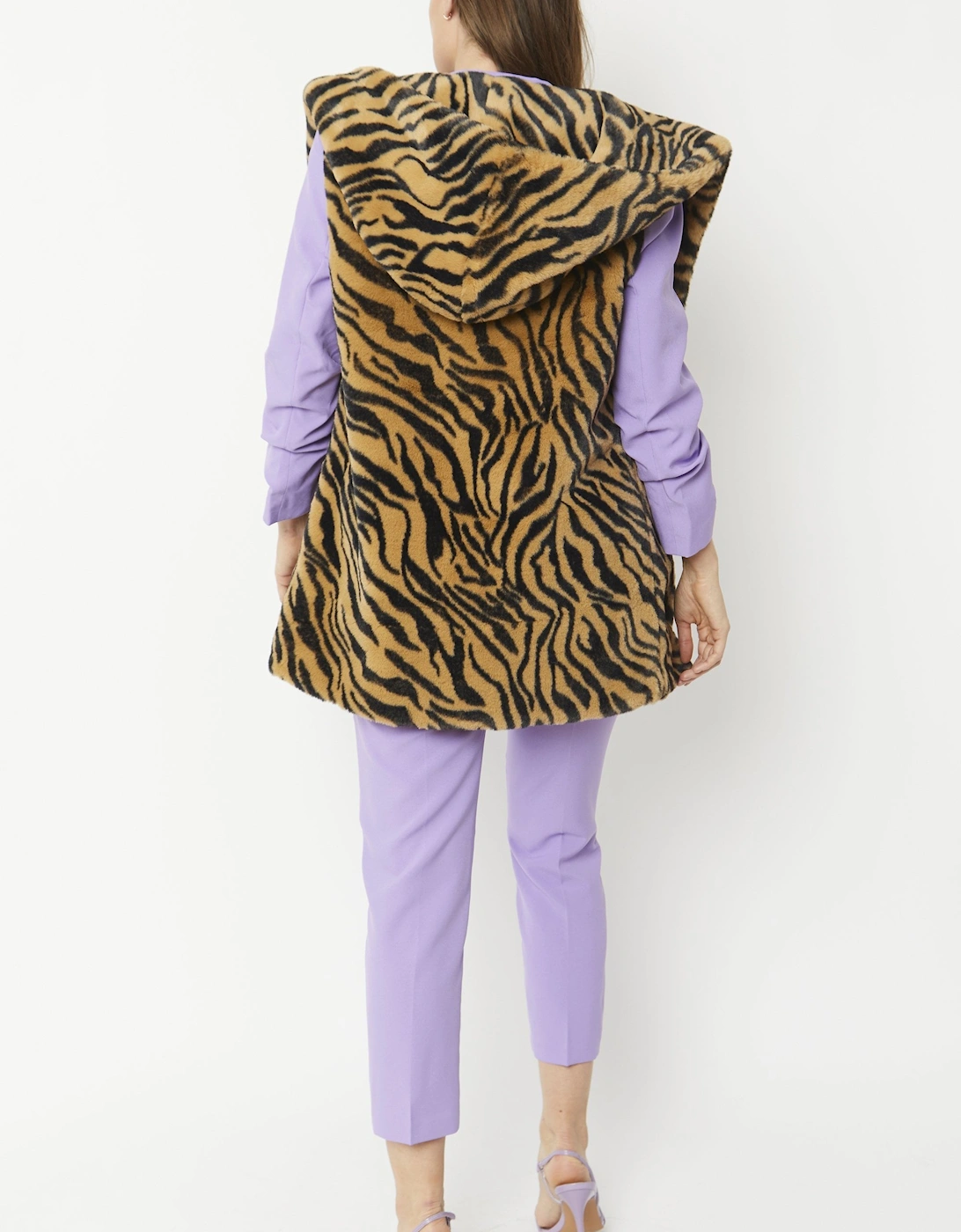 Tiger Print Faux Fur Hooded Gilet