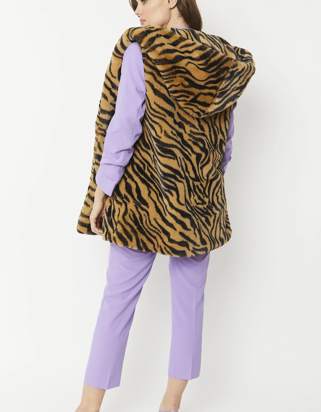 Tiger Print Faux Fur Hooded Gilet