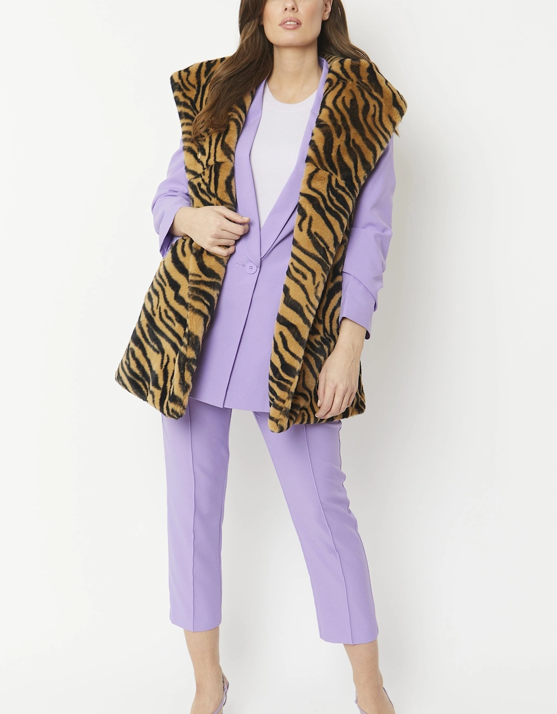 Tiger Print Faux Fur Hooded Gilet