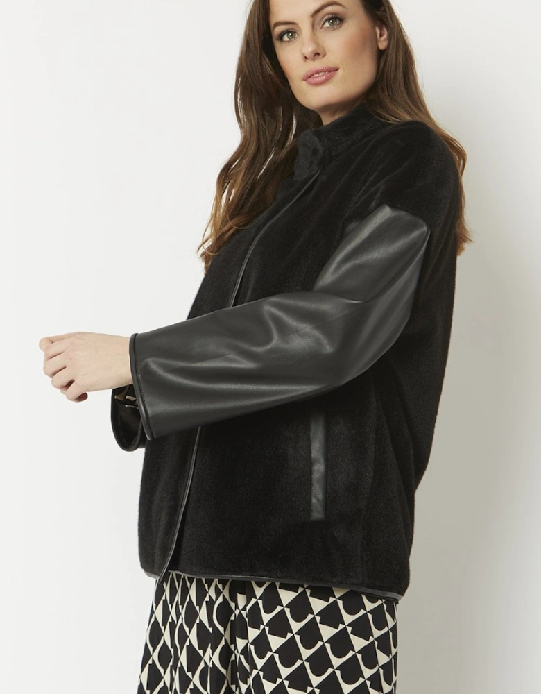Black Faux Fur Jacket with Leather Effect Sleeve