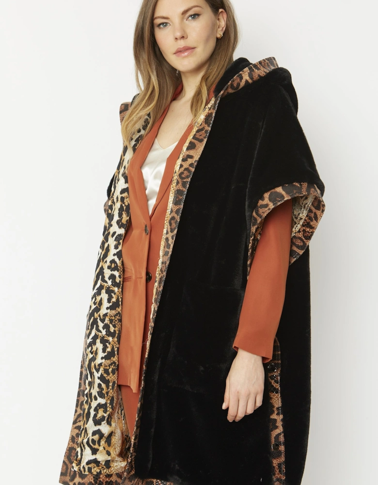 Black Hooded Faux Fur Cape with Animal Print Trim