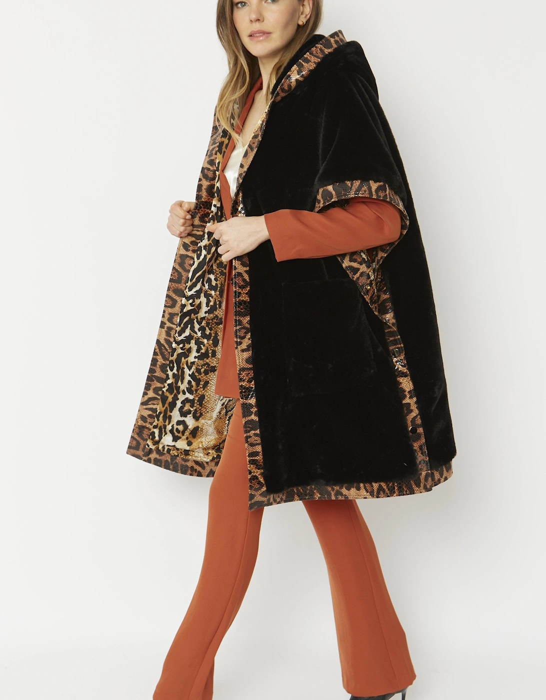 Black Hooded Faux Fur Cape with Animal Print Trim