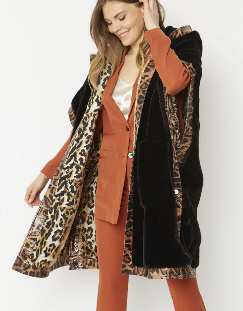 Black Hooded Faux Fur Cape with Animal Print Trim