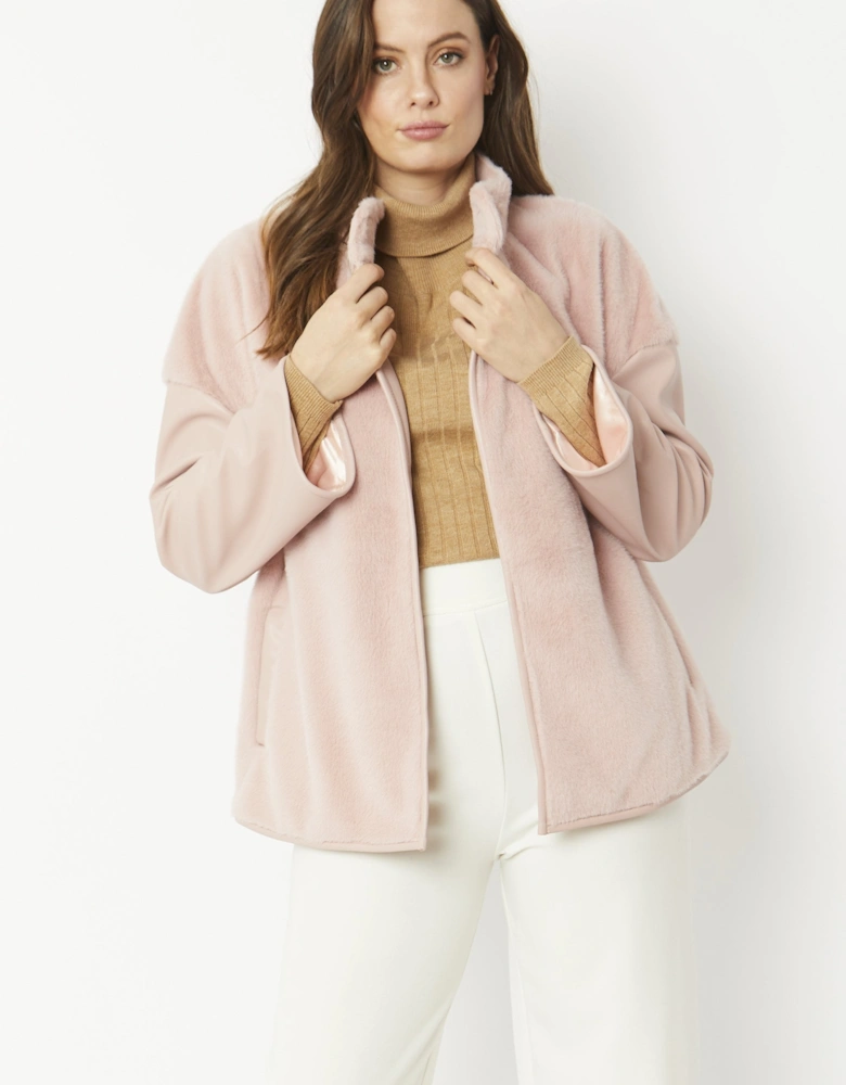 Pink Faux Fur Jacket with Leather Effect Sleeve
