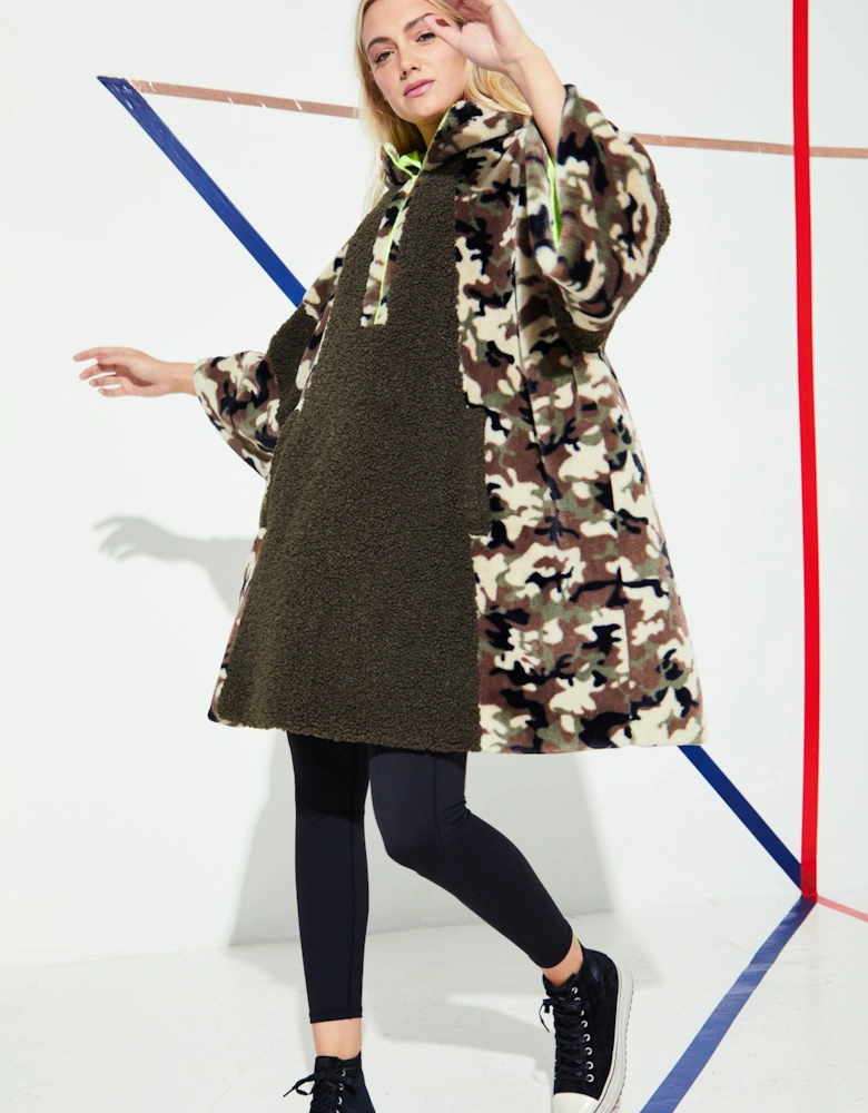 Green Half-Zip Camo Midi Faux Fur Jacket