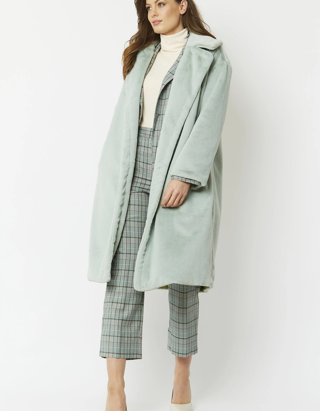 Green Faux Fur Midi Shaved Shearling Coat