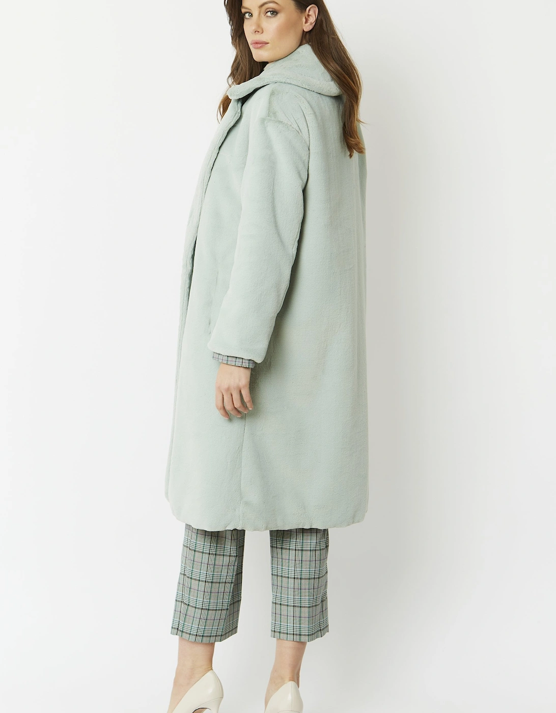 Green Faux Fur Midi Shaved Shearling Coat