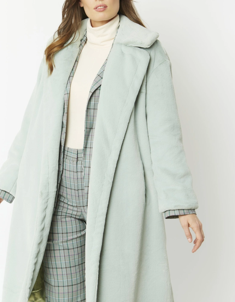 Green Faux Fur Midi Shaved Shearling Coat