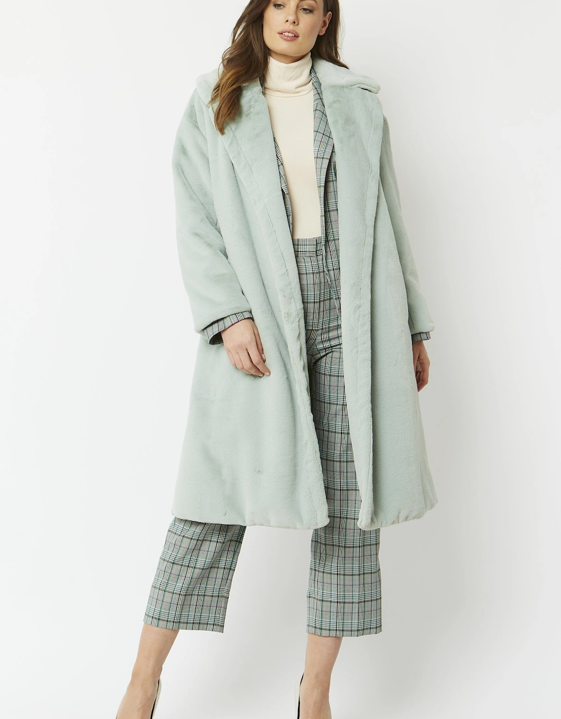 Green Faux Fur Midi Shaved Shearling Coat