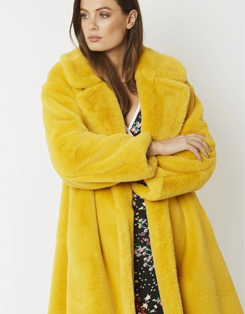 Yellow Faux Fur Midi Shaved Shearling Coat